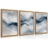 IAFWZX Wood Framed Blue Gray Abstract Wall Art, Modern Minimalist Waves Wall Decor, Neutral Watercolor Line Canvas Paintings, Navy Blue Watercolor Poster Prints for Living Room Office 12"x16"x3