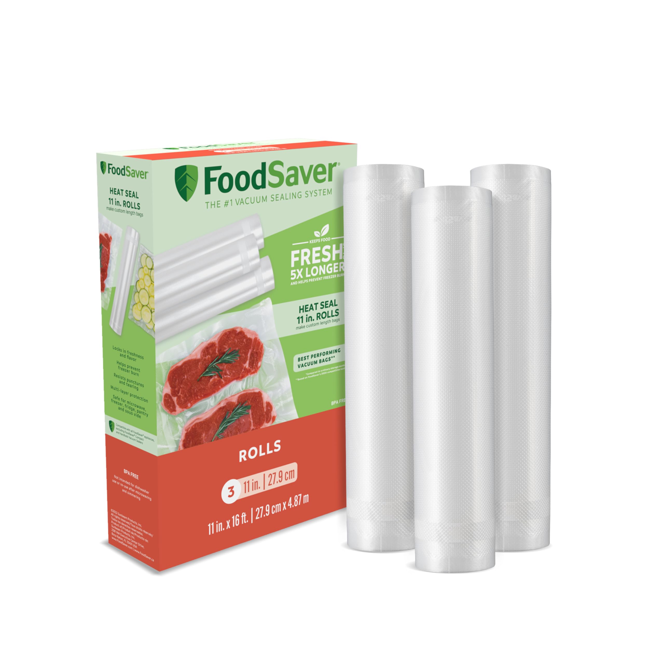 FoodSaver Custom Fit Vacuum Sealer Bags, Airtight Food Storage and Sous Vide Rolls, BPA-Free, 11 x 16' (Pack of 18) Image