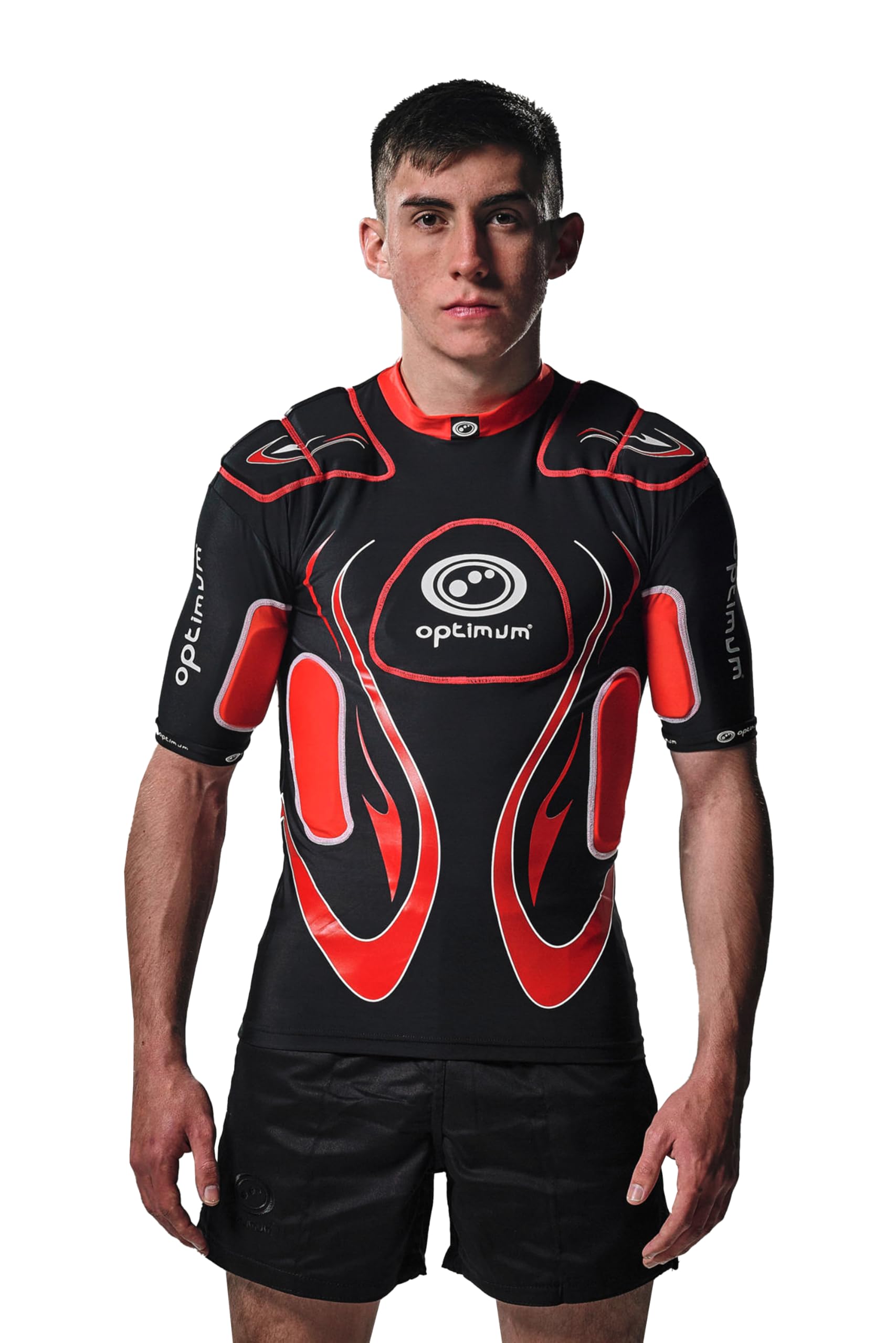 Optimum Inferno Rugby Shoulder Pads – Rugby Approved Protective Top for Adults & Kids, Lightweight EVA Padding, Unisex Fit, Breathable Lycra Construction - Black/Red, Large