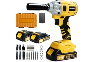 SKOVENSY Cordless Impact Wrench, 1/2 Impact Gun, 2 Batteries, Pistola de Impacto, with 5 Sockets, Electric Impact Driver for Car Tires and Home YELLOW