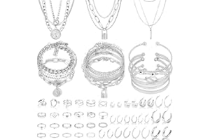 CHICUTIE Gold Jewelry Set For Women,14k Gold Plated Multi Layer Necklaces Bracelets Hoop Earrings Set Stackable Knuckle Rings, Trendy Elegance Charms Non Tarnish Minimalist Textured Boho Jewelry Gift