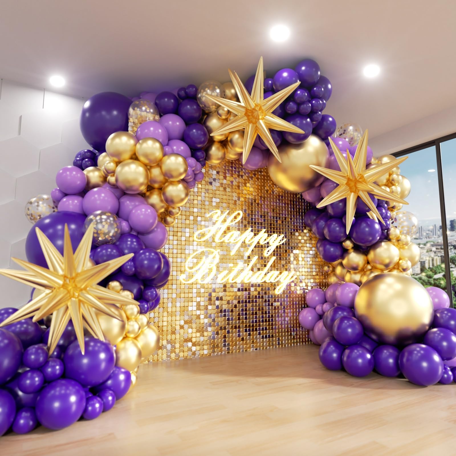 Photo 1 of ADOINBY Purple and Gold Balloon Arch Kit, 162Pcs Dark Purple Gold with Stars Balloon Garland kit, Different Size Balloons for Birthday Baby Shower Anniversary Adults Prom Luxury Party Decorations