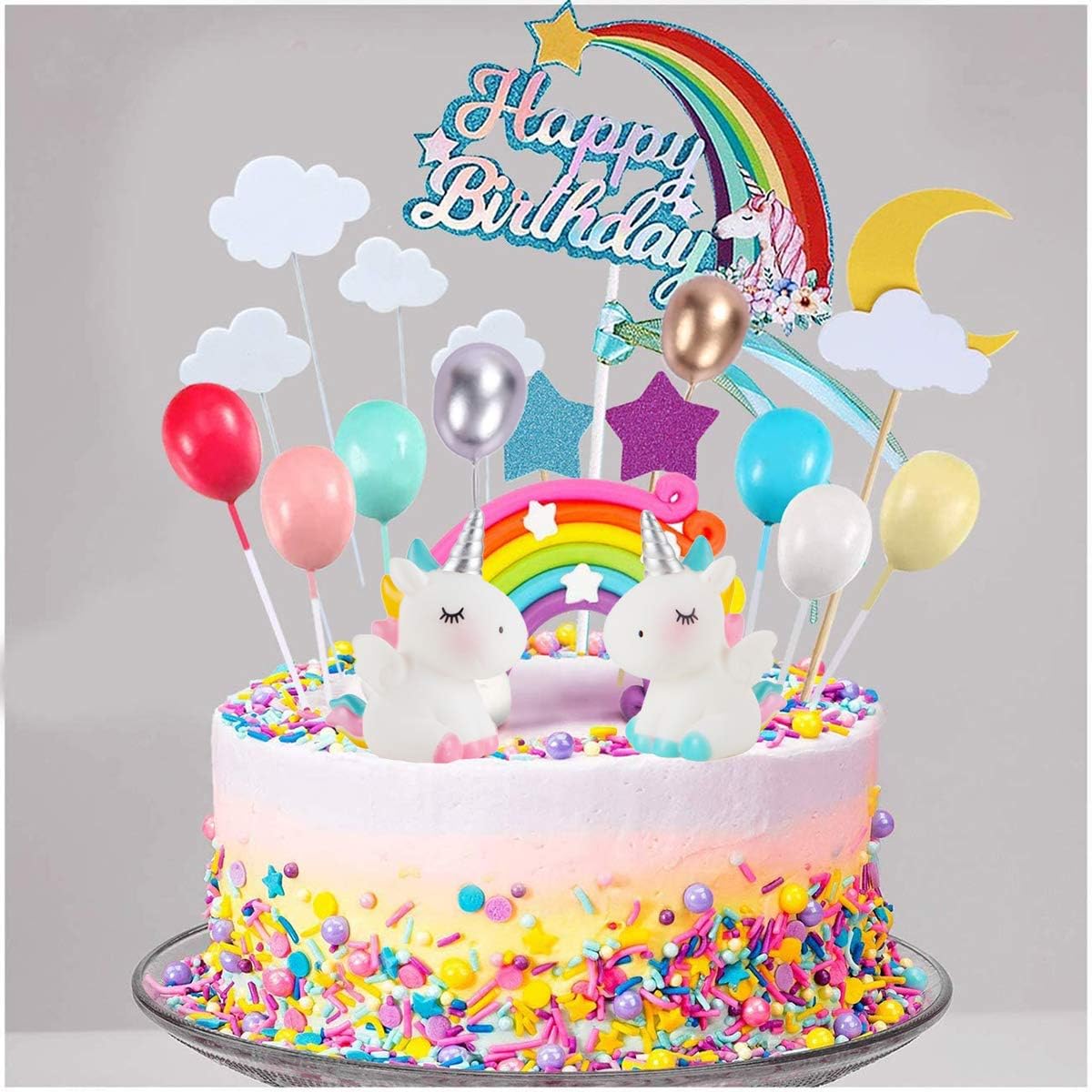 Qaqgear Kit De Decoration De Gateau De Licorne Comprend Arc En Ciel Nuage Lune Etoile Forme Ballon Pour Garcons Filles Enfants Anniversaire Gateau De Fete De Mariage Bebe Douche Decoration 23 Pi E Decorations De
