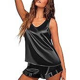 Ekouaer Womens Silk Pajamas Set 2 Piece Satin Camisole Pjs V Neck Tank Top and Shorts with Ruffle Sleepwear