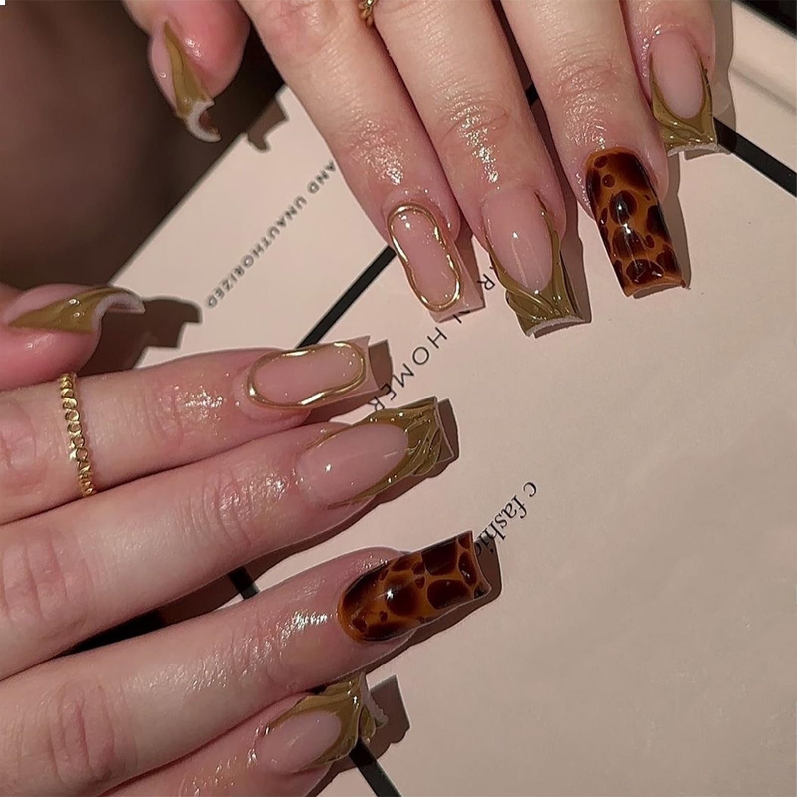 GlamRays 24 PCS French Tip Press on Nails Long Square Leopard False Nails Brown French Tip False Nails Stick on Nails Full Cover Glamorous Artificial Nails