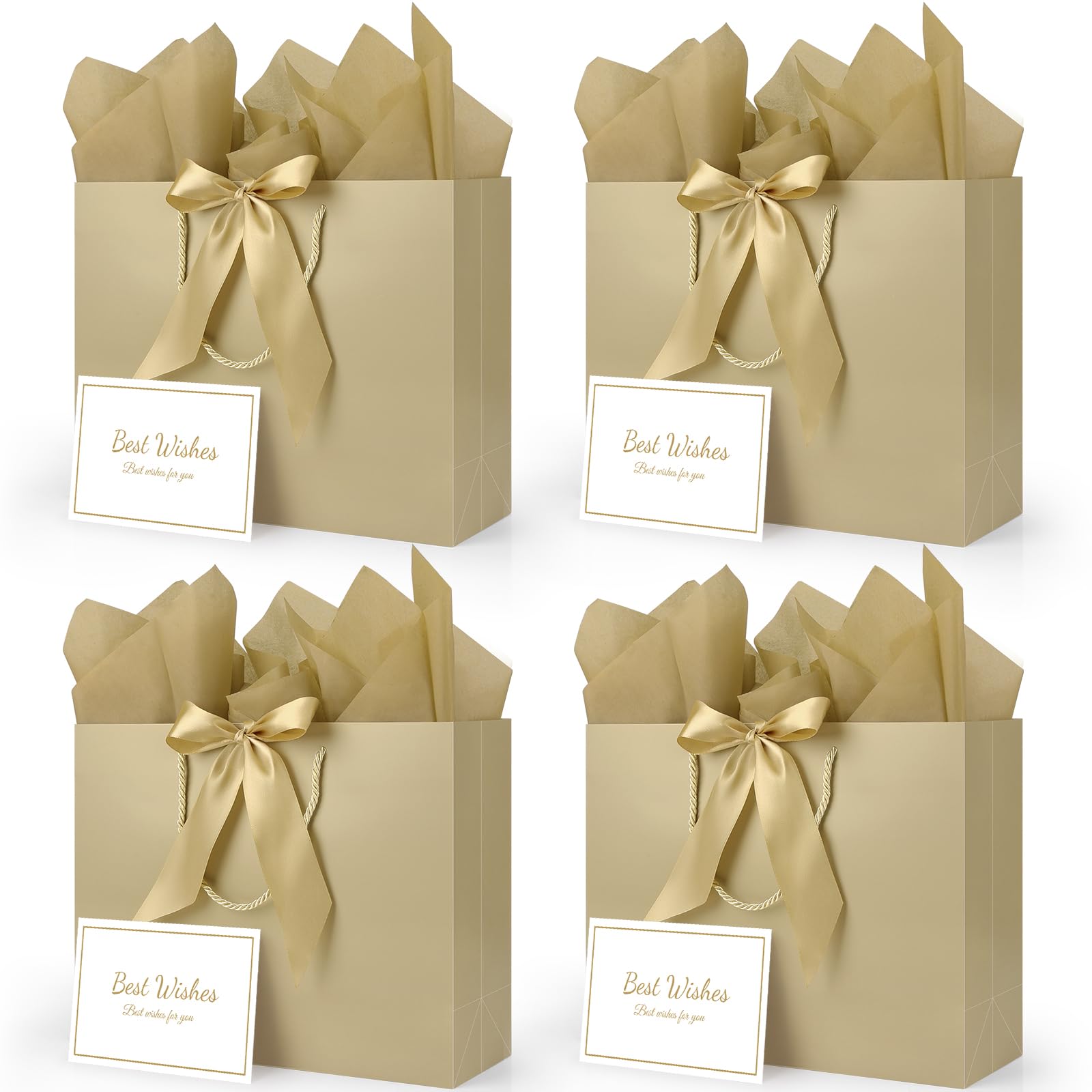 Photo 1 of TUXIYA Gift Bag, 4PCS 12.6" x 9.8" x 4.3" Champagne Gift Bag with 4 Ribbon and 4 Greeting Cards 8 Tissue Paper, Large Gift Bags Wedding Gift Bags Present Bags for Birthday Valentines Party Birthday Mothers Day