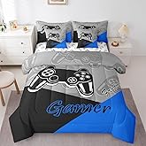 Feelyou Gaming Bed in a Bag for Boys Teen Video Game 7 Piece Bedding Set Queen Size for Kids Gamer Comforter Set with Sheets for All Season Gamepad Home Decor Bed Set Blue Black Grey
