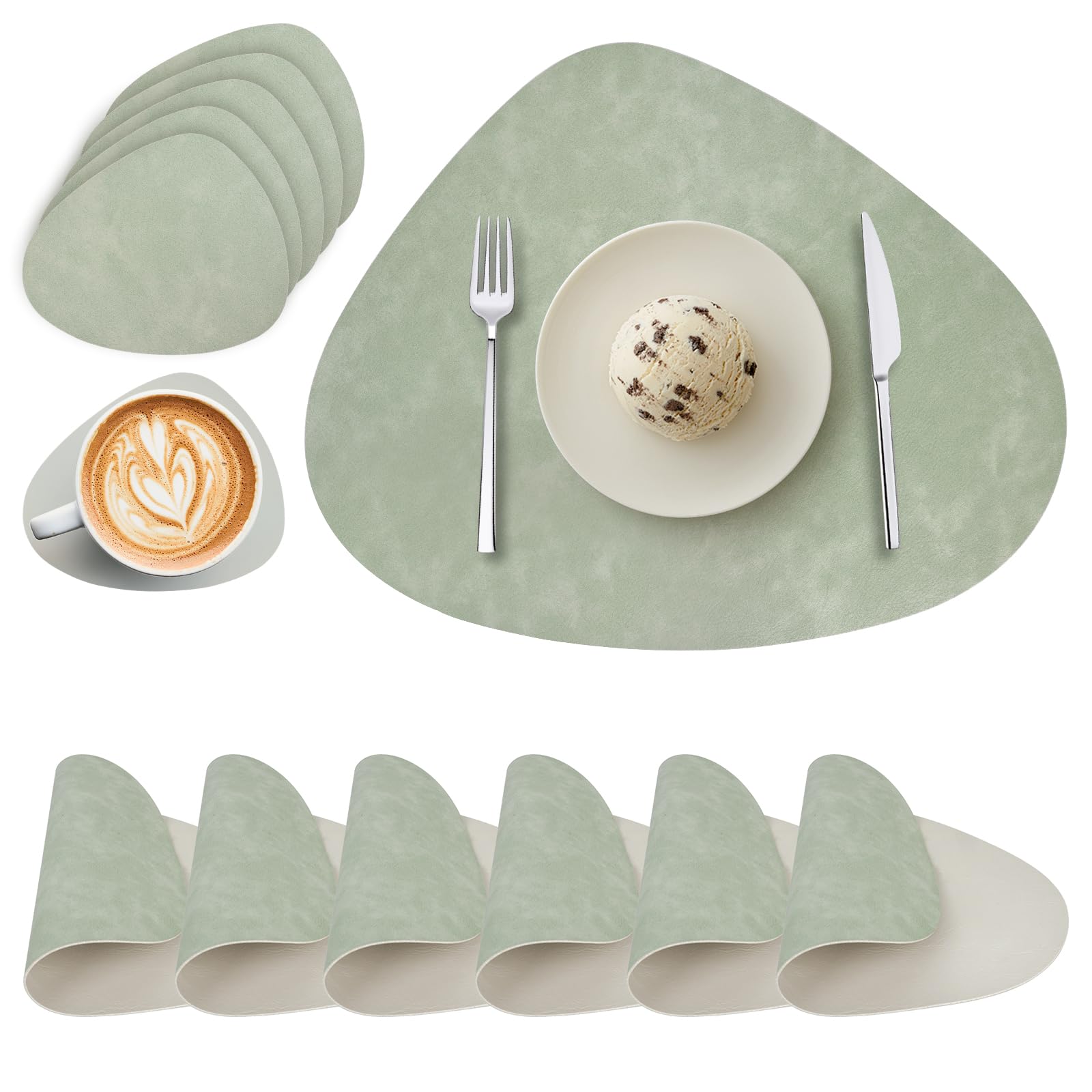 Placemats and Coasters Sets of 6, Round PU Leather Table Mats Dual-Sided Place Mats Heat-Resistant Washable Non-Slip Table Placemats for Kitchen Restaurant Outdoor (Green Ivory-White)