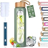 Aqulea Glass Water Bottles 32 Oz with Silicone Sleeve - BPA Free Reusable Wide Mouth Glass Motivational Water Bottles with Fruit Infuser – Leak Proof Borosilicate Water Bottle with Time Marker (Green)