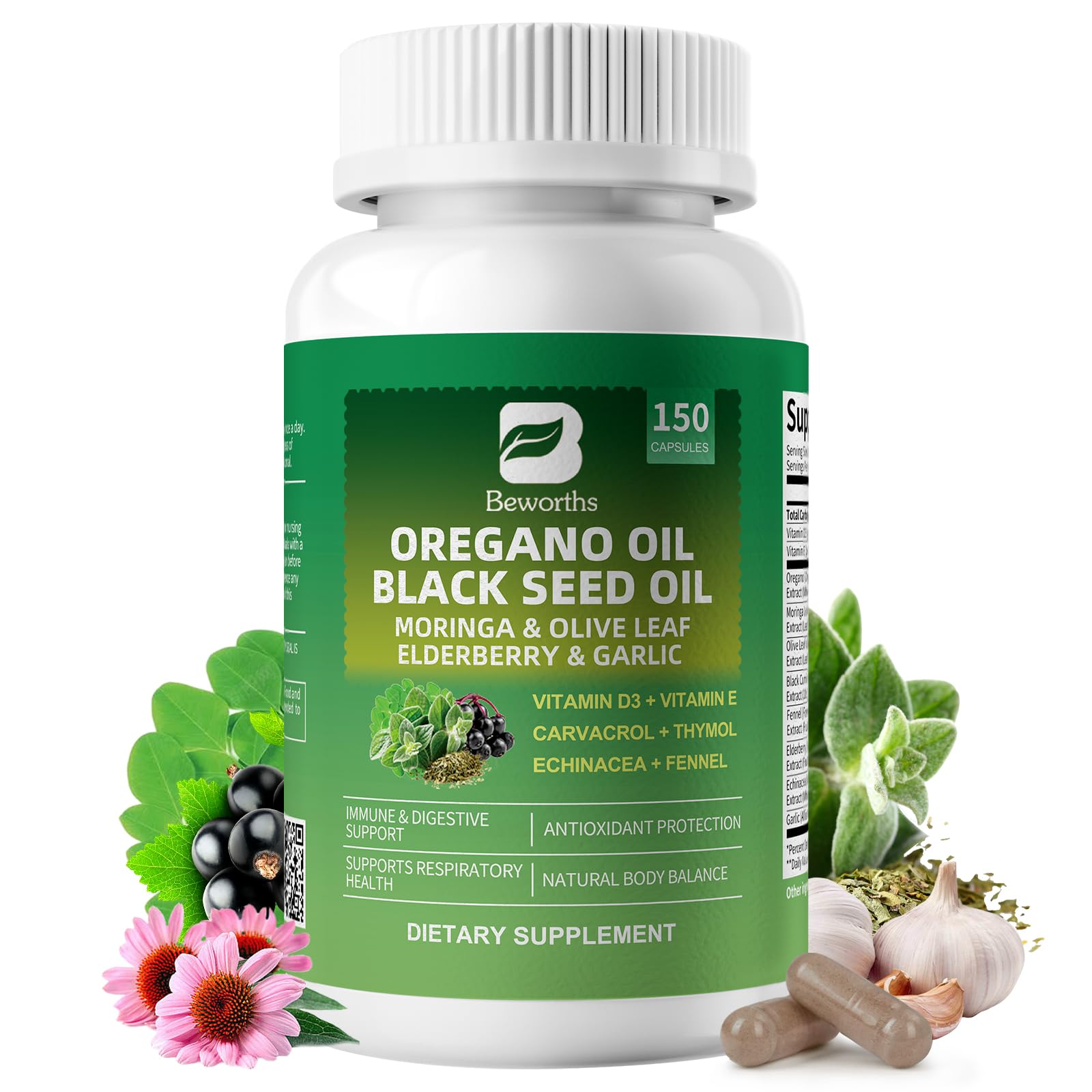 Oil of Oregano with Black Seed Oil - Oregano Oil Capsules Organic | Moringa, Elderberry, Echinacea, Garlic, Fennel - Carvacrol & Thymoquinone for Immune, Gut, Antioxidant, Respiratory Support - 150 Ct