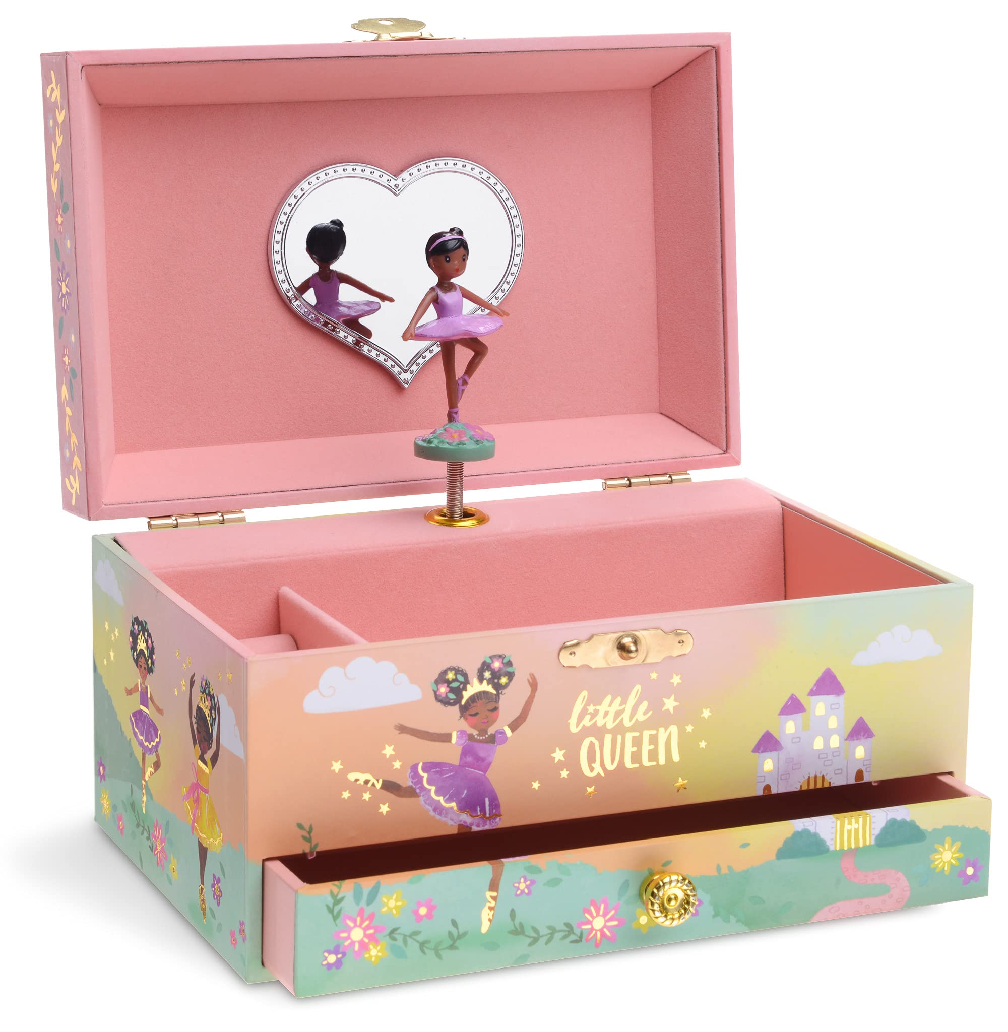 View 1 of Jewelkeeper Girl's Musical Jewelry Storage Box with Pullout Drawer and Black Ballerina, Little Queen Design, Swan Lake Tune
