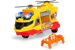DICKIE TOYS: Rescue Helicopter - Yellow & Red - 11" Light & Sound Toy Vehicle, Stretcher & Extendable Crane Arm, Freewheel Base, Kids Ages 3+