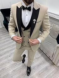 Wangyue Slim Fit Suit for Men Khaki 3 Piece Tuxedo