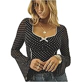 Floerns Women's Going Out Polka Dots Bell Sleeve T Shirts Square Neck See Through Cute Tee Tops