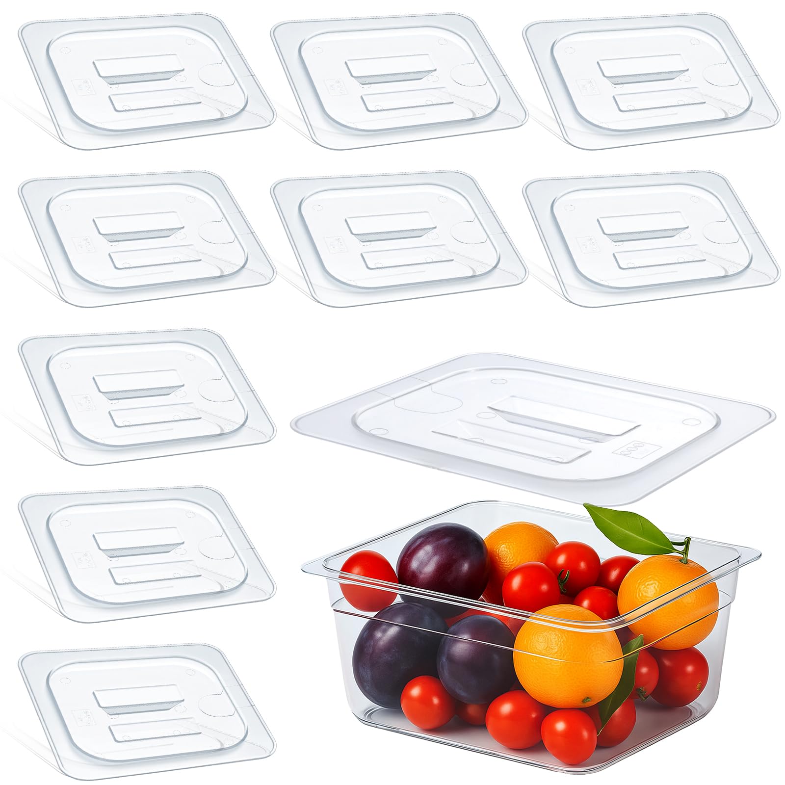 Photo 1 of 10 Pack Food Pan Lids with Handle 1/6 Size Clear Plastic Universal Food Pan Lid, 6.9 x 6.3 Inch for Fruits and Vegetables Storage Containers Covers