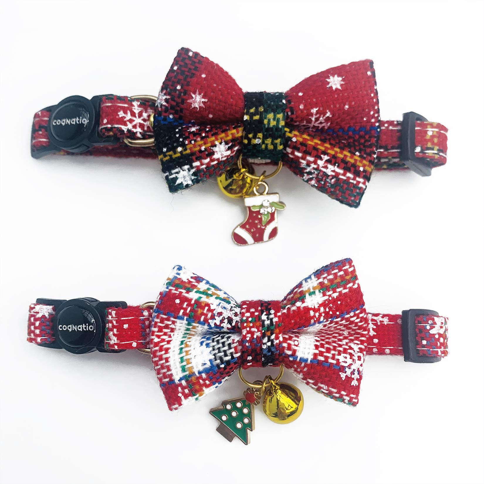 Cognatio Christmas Cat Collar with Bell and Bow Tie, Quick Release Safety kitten Collar, Cute Plaid Patterns with Snowflake, 2 Pack, Christmas Red + Green