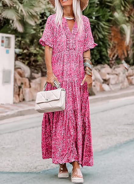 ACELITT WOMENS FLORAL BOHO DRESSES CASUAL SHORT SLEEVE V NECK RUFFLE TIE PINK FASHION 2023 SUMMER SWING A LINE LONG MAXI DRESS PINK MEDIUM