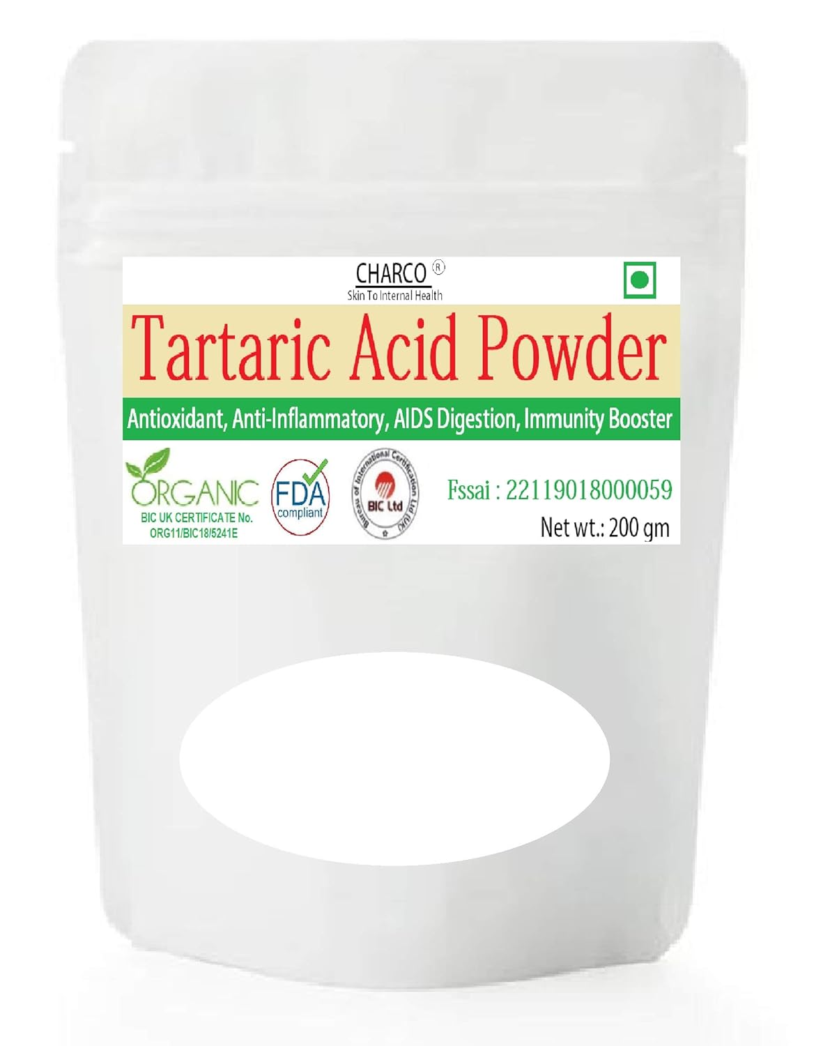 CHARCO Skin To Internal Health's Tartaric Acid Powder,Food Supplement