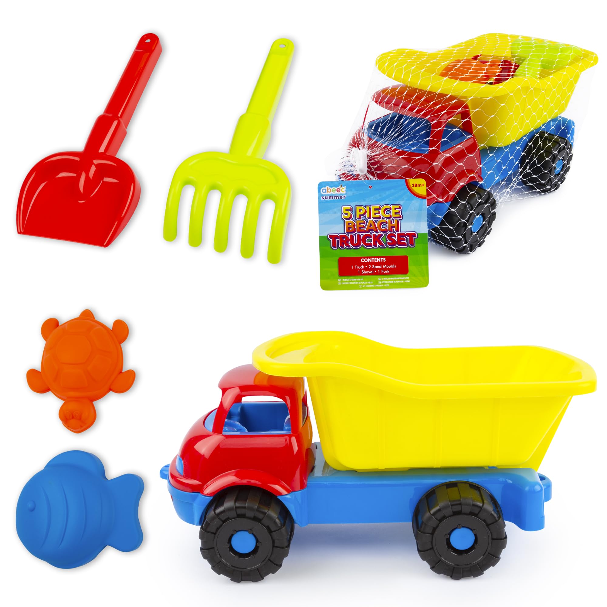 abeec Truck Beach Set – Large Beach Toys for Kids 18m+ | Dumper Truck, Sand Moulds, Spade & Rake | Outdoor Sand & Water Play Set for Toddlers & Children