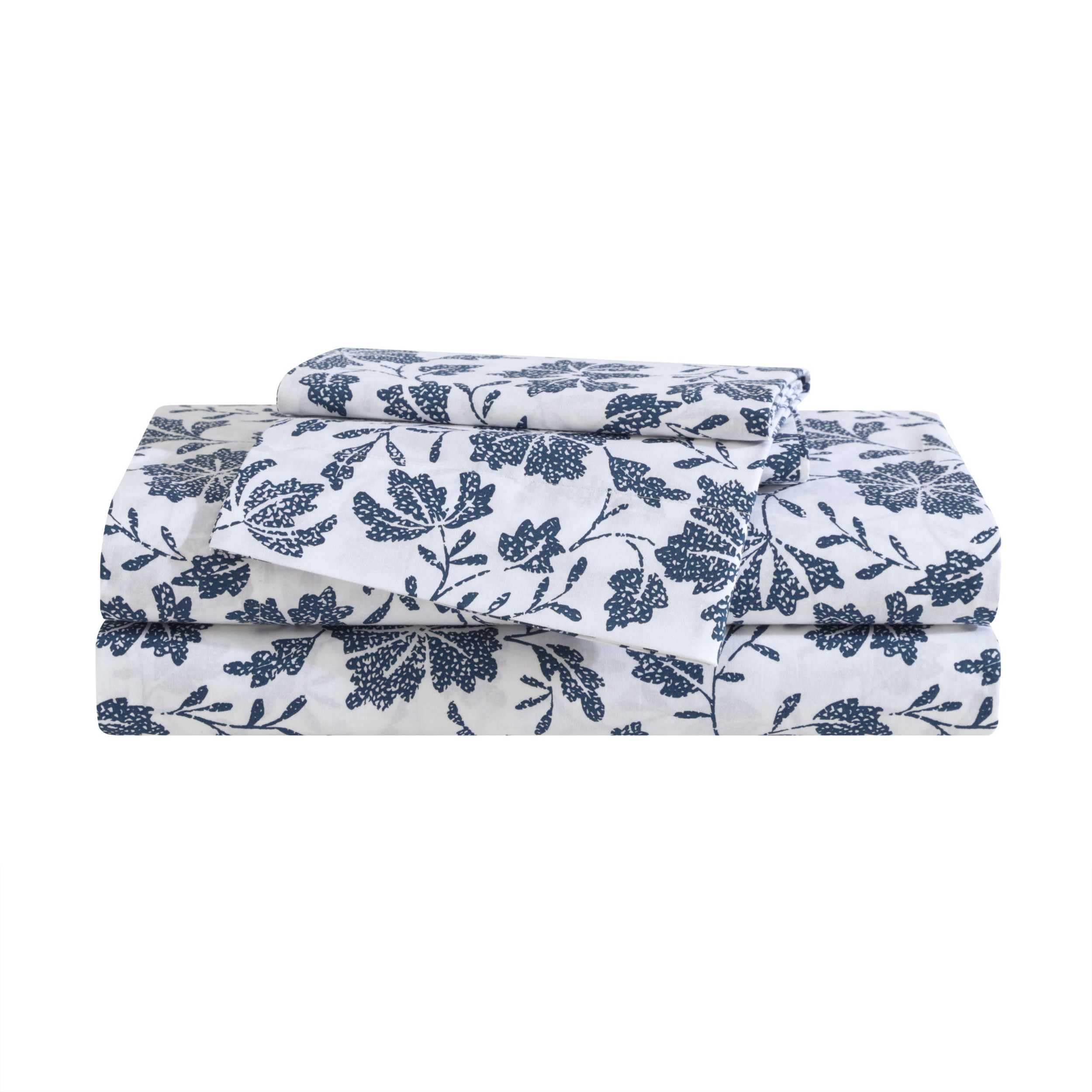 Photo 1 of Eddie Bauer - Queen Sheet Set, Premium Cotton Percale Bedding Set, Floral Home Decor, Oeko-Tex Certified (Woodblock Floral Blue, Queen)