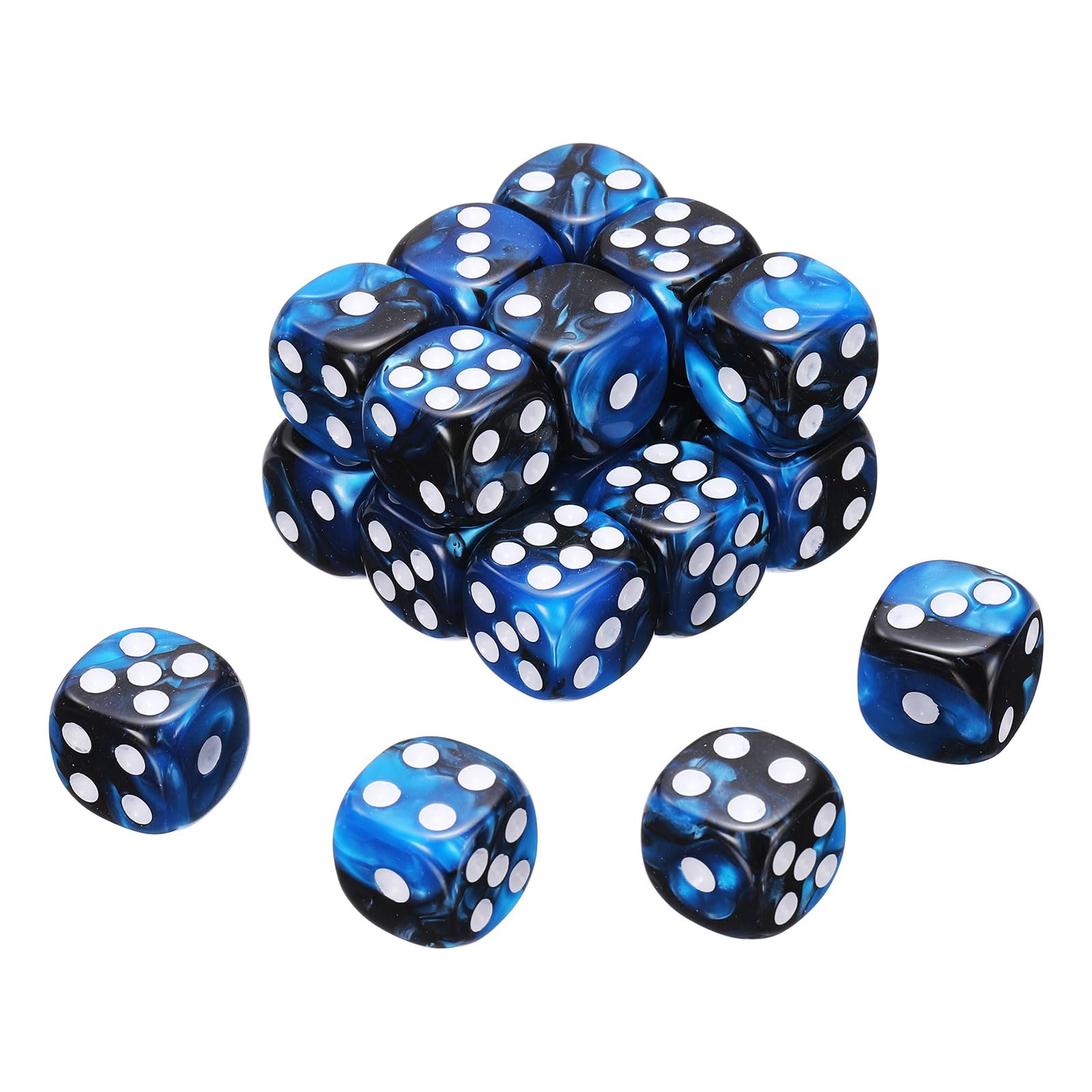 sourcing map 20Pcs 6 Sided Colored Standard Dice, 16mm Acrylic D6 Mini Polyhedral Pearl Pattern Two Tone Colors Game Dice Set for Table Games, Black/Blue, White Point