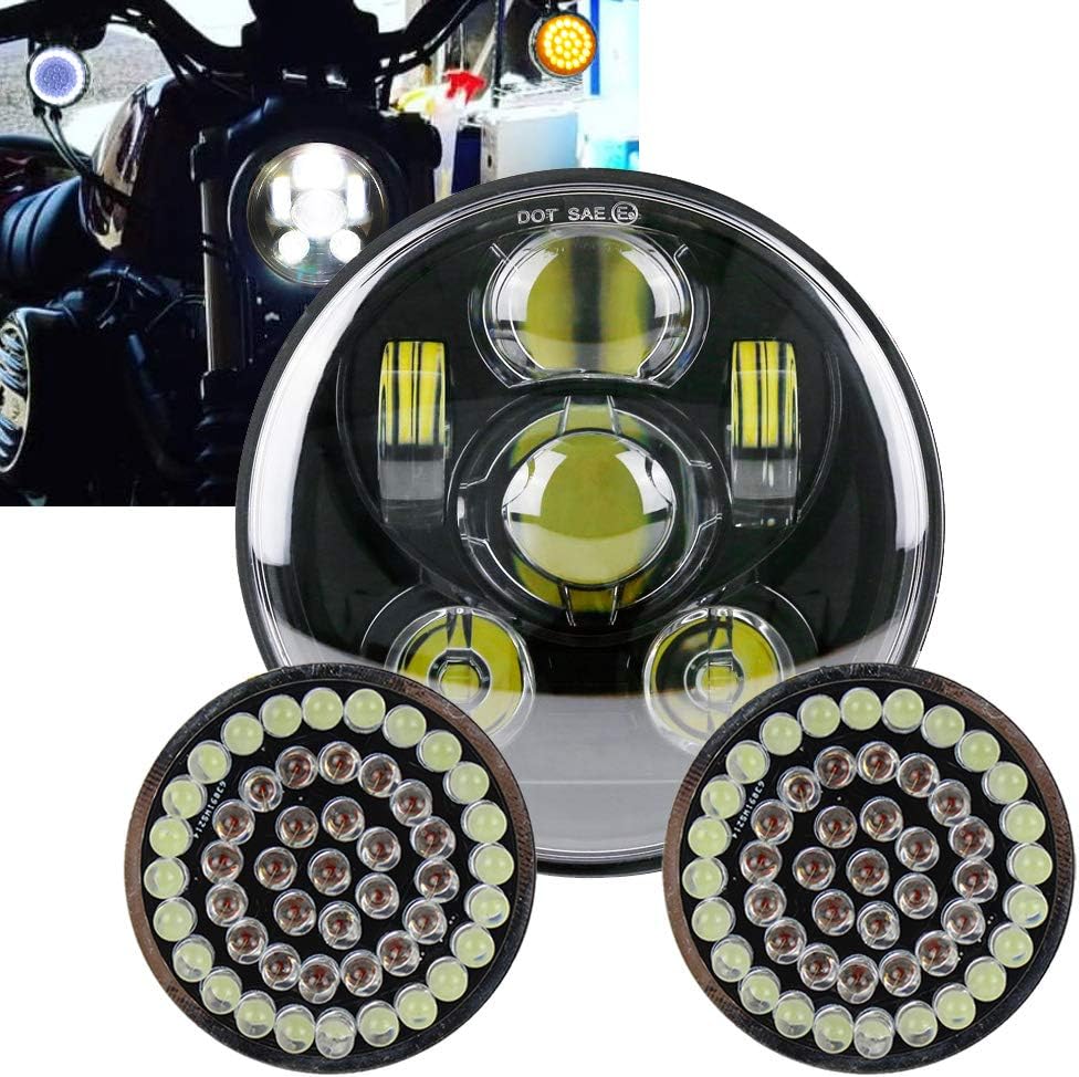 Akmties Motorcycle Headlight 5.75 Inch 5 3/4" Round LED Projection Headlight Compatible for Motorcycle Street Bob Sportster Wide Glide Low Rider Headlamp (Black+1157-Signal-2) …