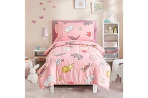 Flysheep 4 Pieces Pink Toddler Bedding Set, Elephant Lion Animals Printed for Baby Girls - Includes Quilted Comforter, Flat Sheet, Fitted Sheet & Pillow Case, Soft Microfiber