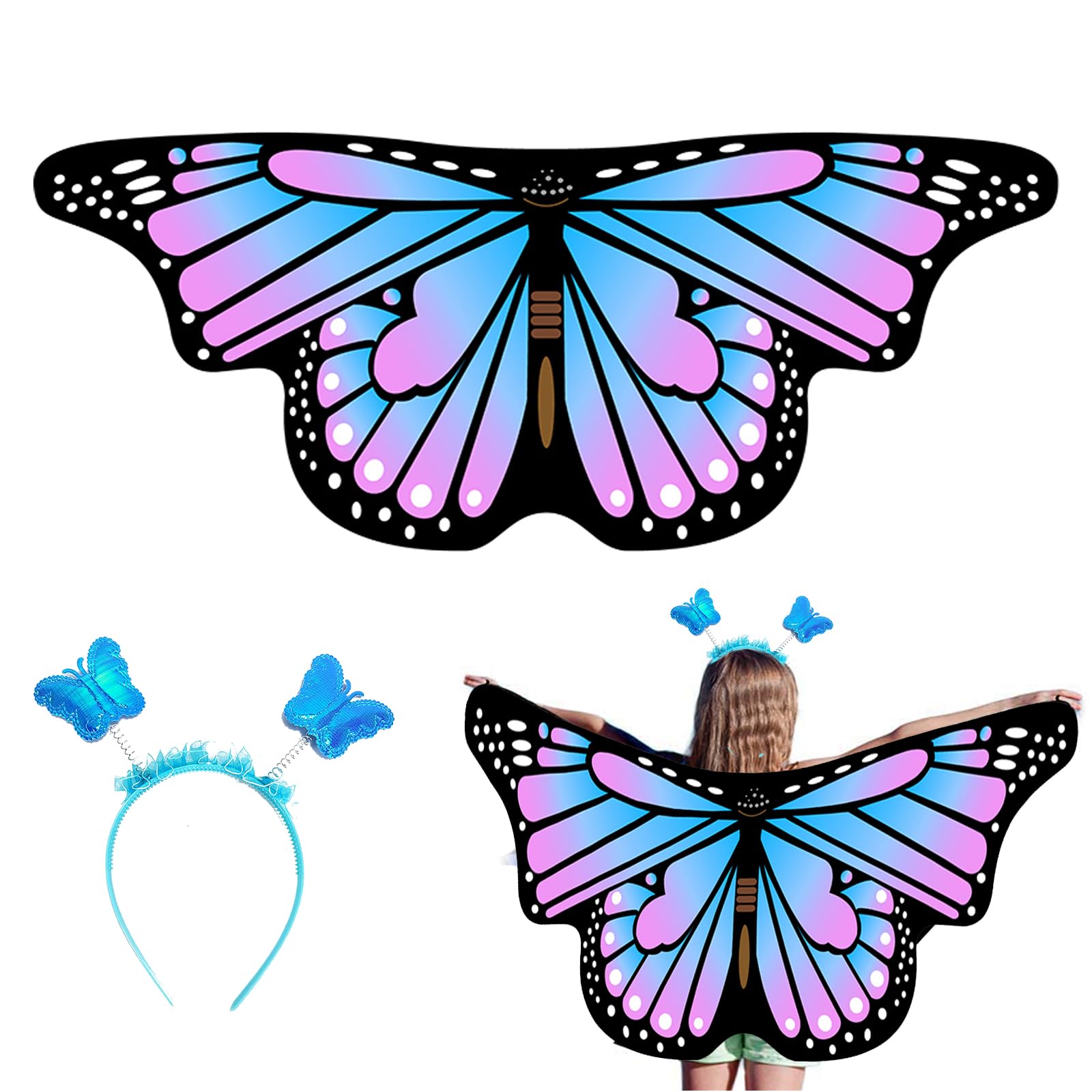 EQLEF Children's Butterfly Wings, Fairy Wings with Headband, Butterfly Costume, Children's Costume, Butterfly Cape for Girls, Fancy Dress, Party, Play Favour, 3-6 Years Old (Blue Pink)