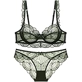 Guoeappa Women's Lace Bra and Panty Set Underwire Lingerie Cup Sized (32B-40D) Unlined Sheer Bra Matching Panties 2 Piece