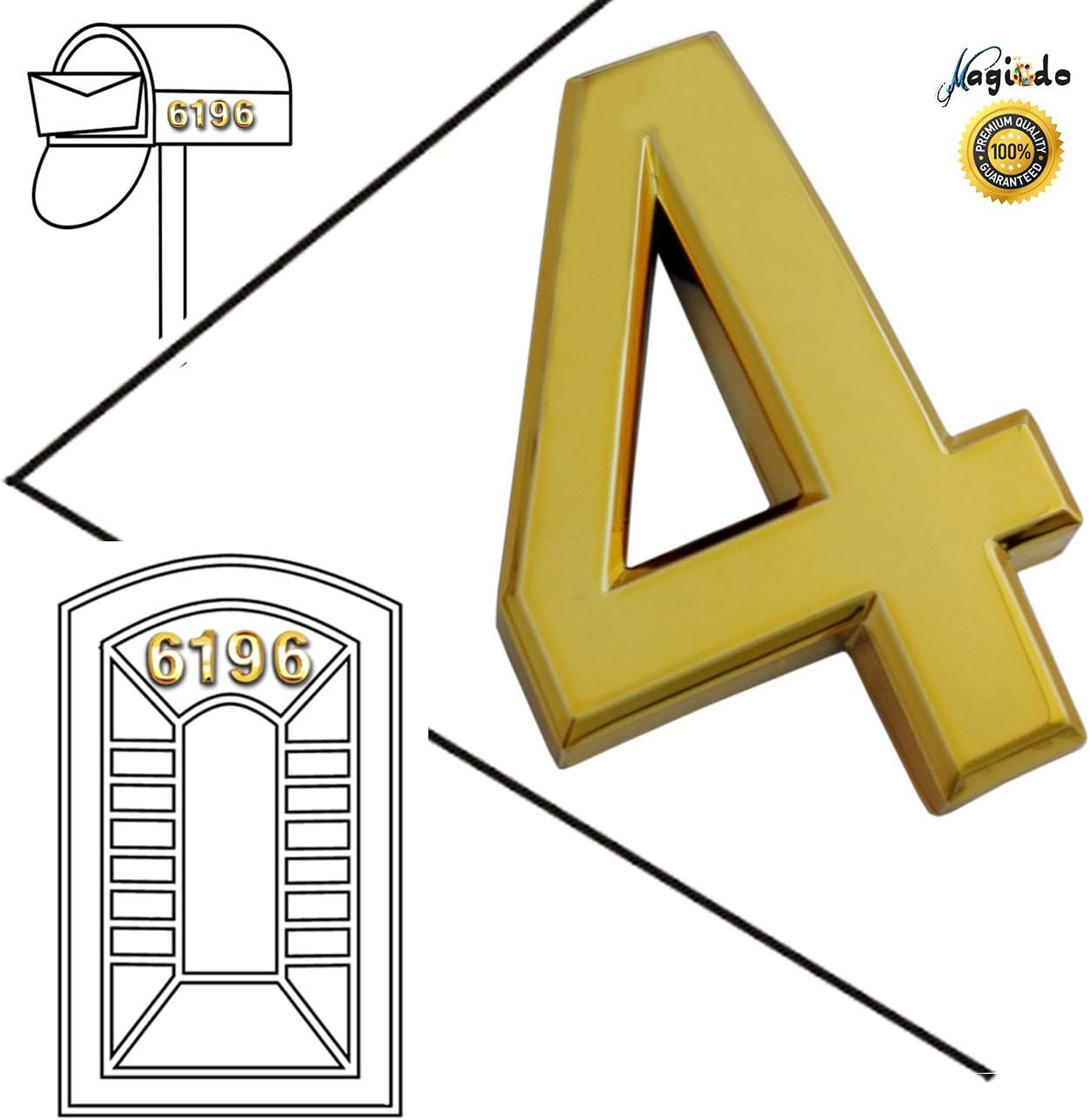 Magicdo® 3/pack 2-3/4” Golden Modern House Numbers, Modern Mailbox Number Sticker, 3D Shining Reflective Number, Self-Stick Number, Floating Appearance Number, House Number Signs (Number 4)