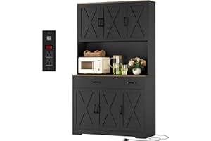 HOSTACK 71" Pantry Cabinet with Charging Station, Tall Kitchen Pantry Storage Cabinet with Microwave Stand, Farmhouse Kitchen Hutch with Storage Drawers for Living Room, Dining Room, Black