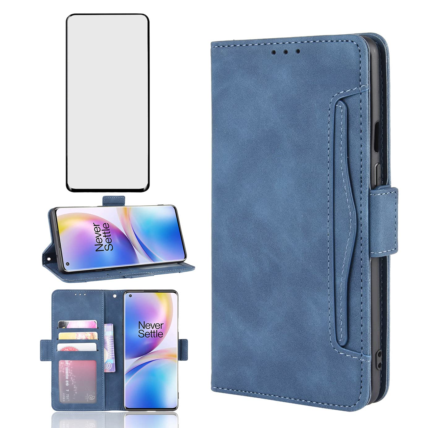 Phone Case for OnePlus 8 OnePlus8 5G UW Tmobile Wallet With Tempered Glass Screen Protector Card Holder Slot Stand Kickstand Leather Flip One Plus8 On 1 Plus 1plus One+ 1+ 1+8 Verizon Women Men Blue