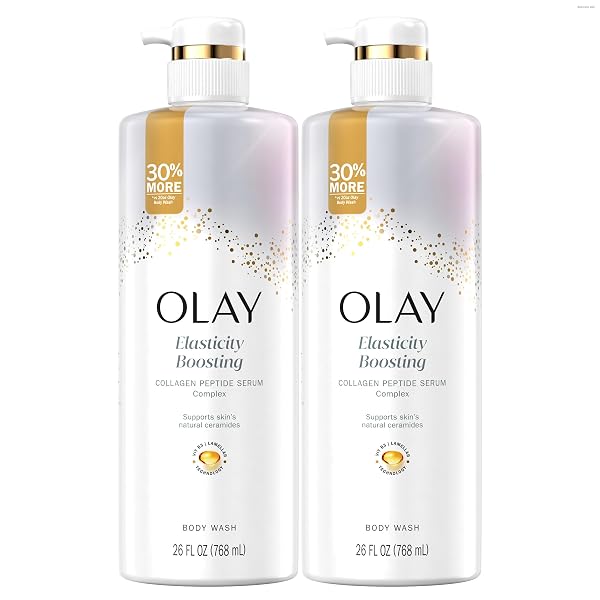 OLAY BODY WASH FOR WOMEN, ELASTICITY BOOSTING, COLLAGEN PEPTIDE SERUM COMPLEX, RENEWS MOISTURE, FREE OF PARABENS & PHTHALATES, VITAMIN B3 LAMELLER TECHNOLOGY, FOR ALL SKIN TYPES, 26 FL OZ (PACK OF 2)