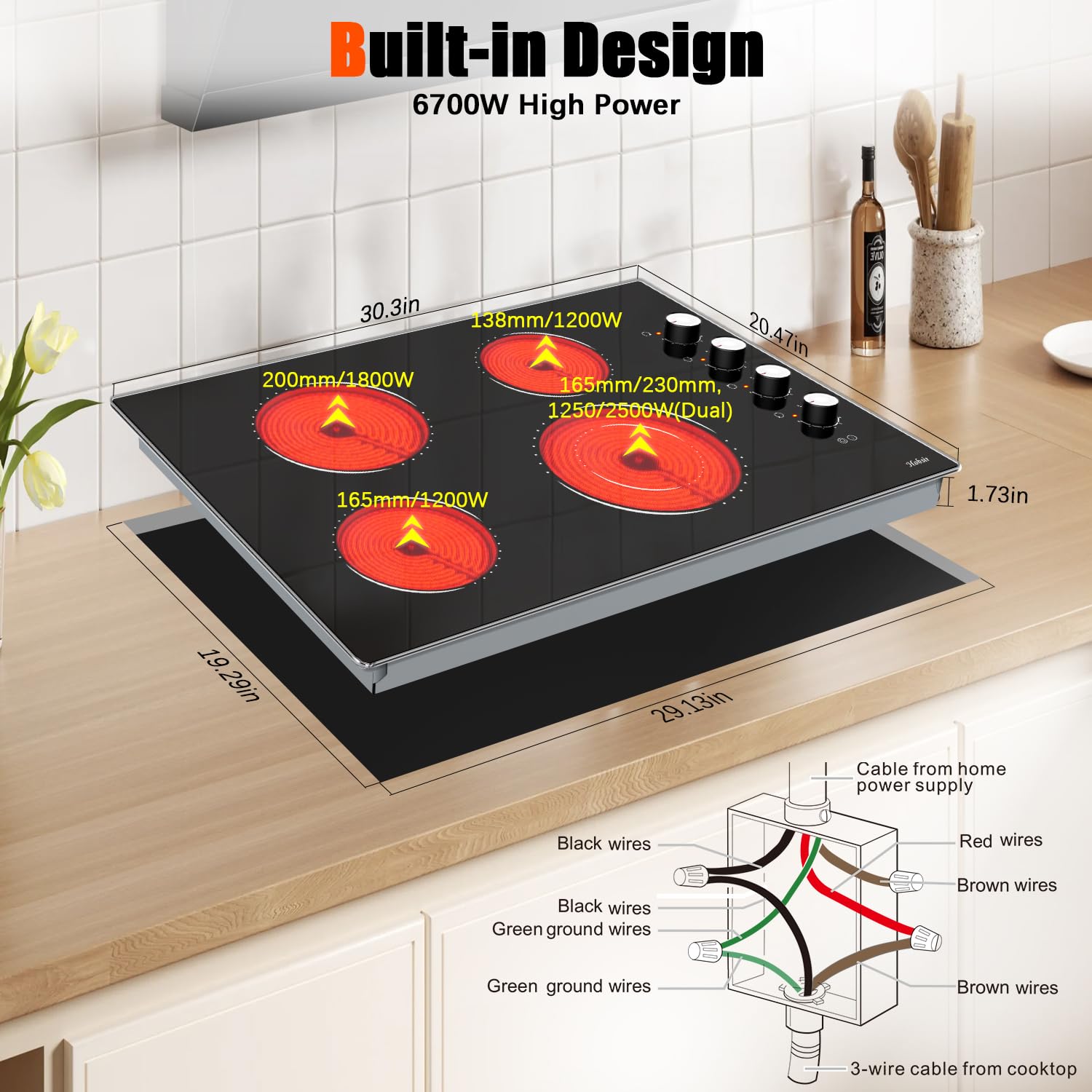 Electric Cooktop 30 Inch, Knob Control Built-in Radiant Electric Stove with 4 Burners, 30 in Electric Stove Top Burner, Cooktop with Glass Protection Metal Frame, 220-240v 6700W, Hard Wired(No Plug)