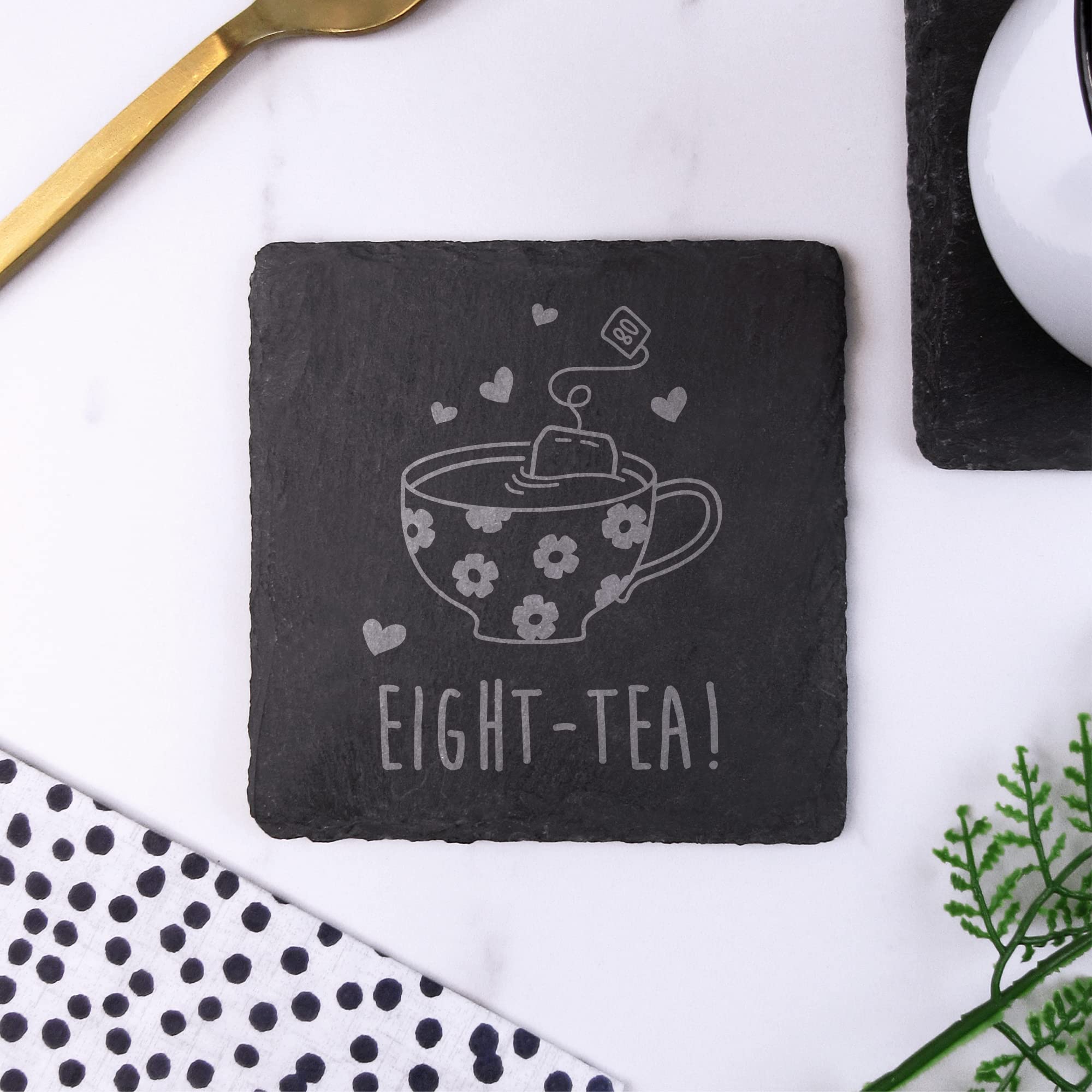 eBuyGB Engraved Square Slate Coaster -Eight-Tea Design - 80th Birthday Gifts for Women, Her - Eightieth Birthday Gift for Mum, Grandma - Drinks Mat, Grey