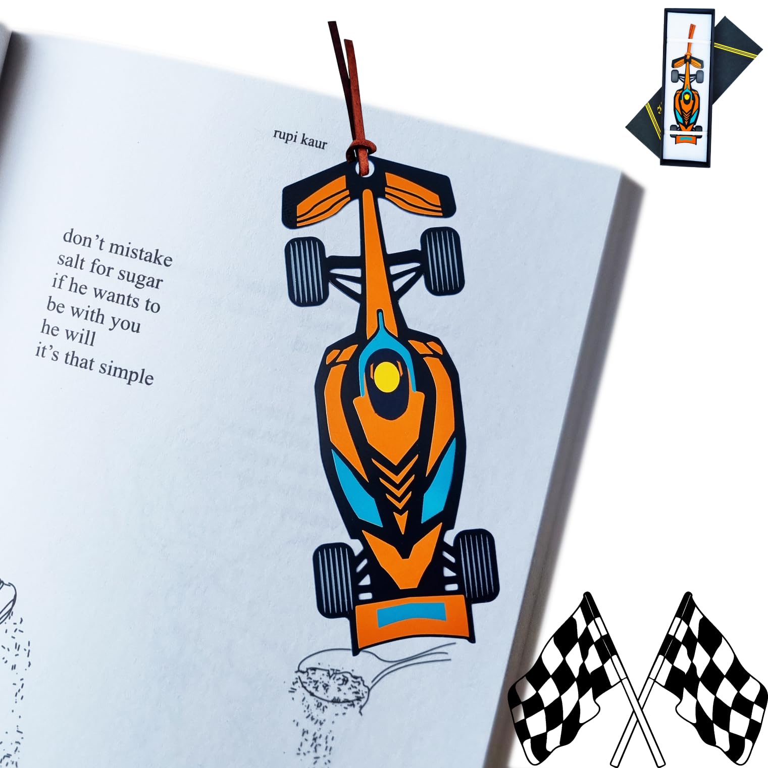 Racing metal bookmark Motorsport Fan Gift for Book Lovers Motor car Racing present Sports car Gift for Men and Women Racing Bookmark (Racing Car Orange Leather)