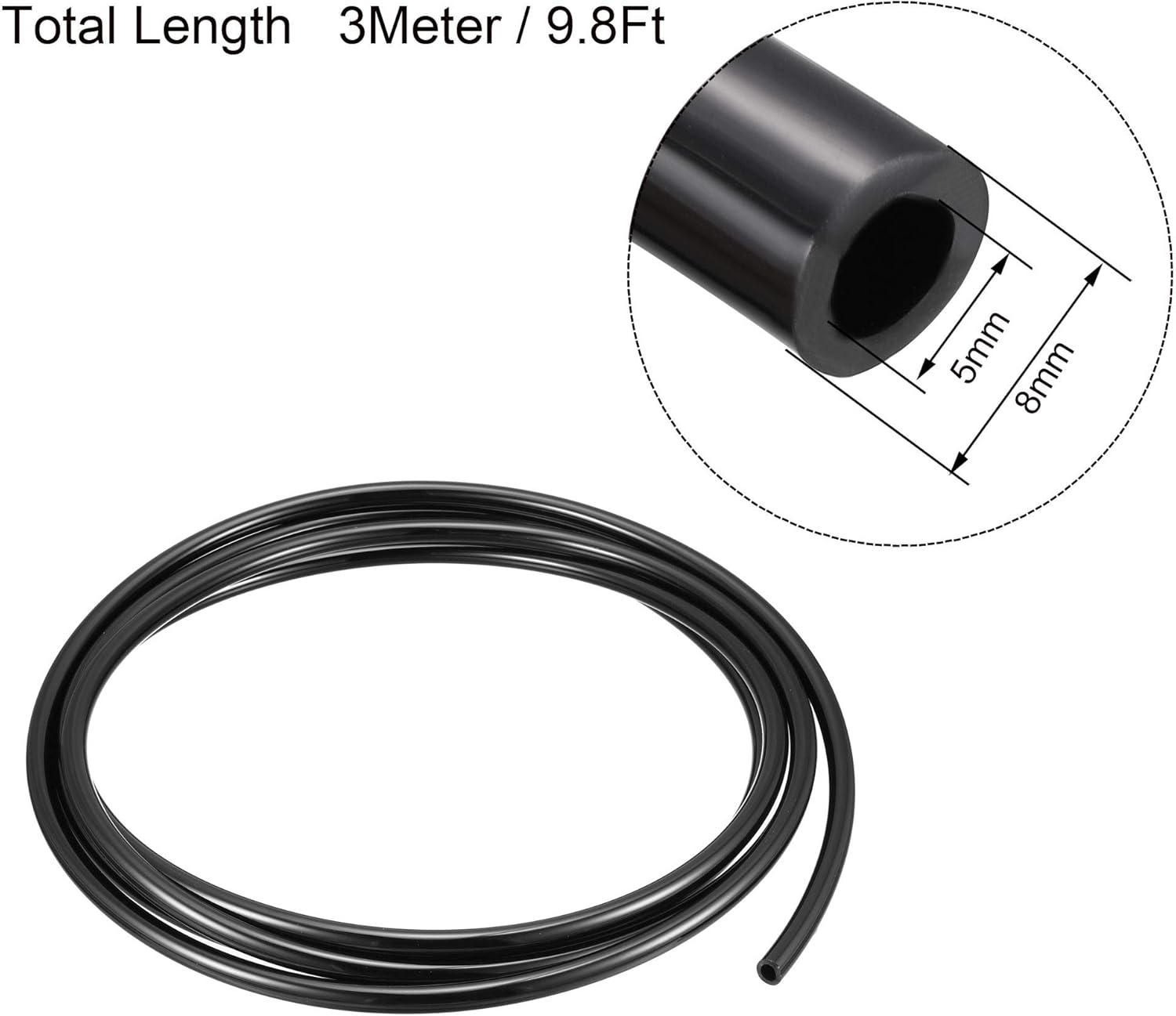 sourcingmap Pneumatic Air Tubing, 8mm OD x 5mm ID 3 M(9.8Ft) Long PU Polyurethane Air Compressor Tubing Hose Pipe Black - Image 3