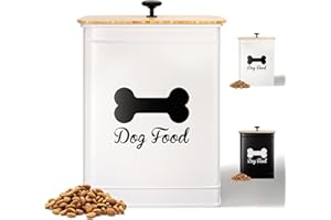 HB DESIGN CO. Dog Food Container Airtight 5-7 lb (25 Cup) Capacity - Cute Airtight Dog Food Storage Container with Bamboo Lid & Sturdy Metal Handle - White Metal Kibble Storage Bin for Dogs up to 50 lbs - Pet Jar