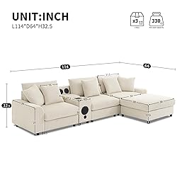 114-Inch L-Shaped Sectional Sofa with Removable
