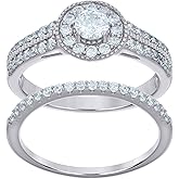 Sterling Silver Women's Cubic-Zirconia Duo Bridal Anniversary Engagement Wedding Ring Set
