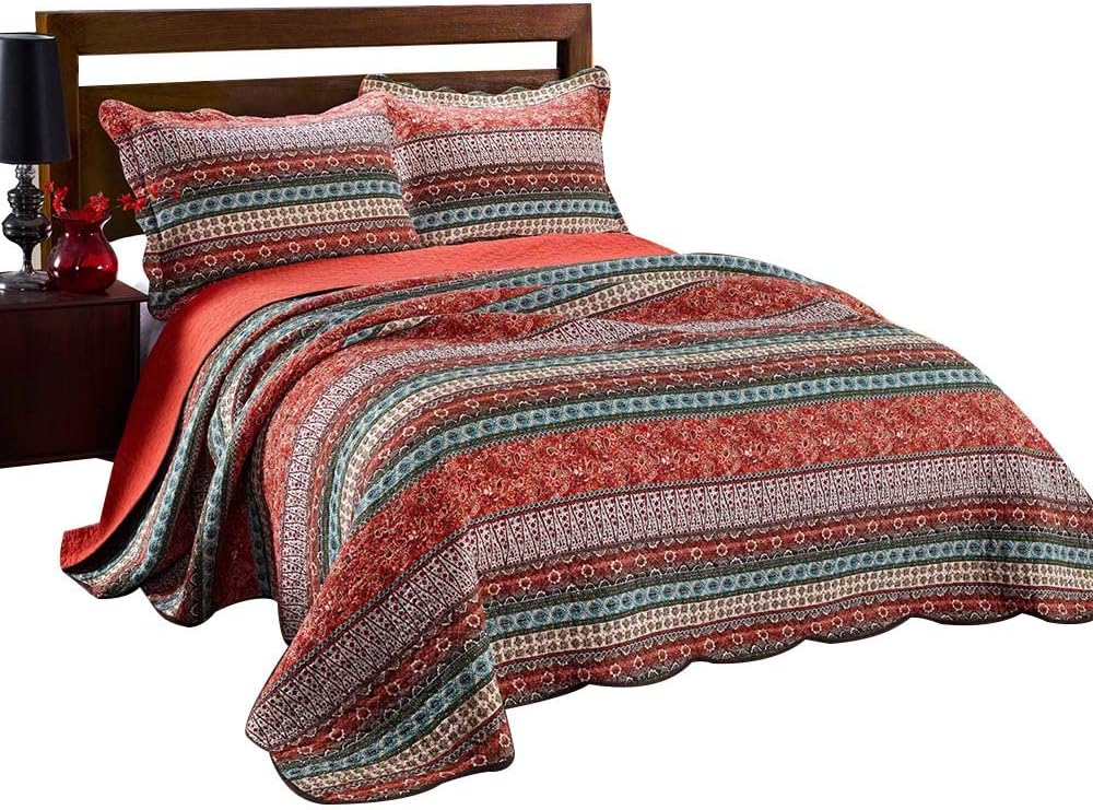 Alicemall Boho Bed in a Bag, Red Flower Print Stripes Cotton Bedspread/ Quilt Bed Set Bohemian Red Stripes Patchwork 3-Piece Bed in a Bag, Queen Size, Luxury Gift Bedding (Red)