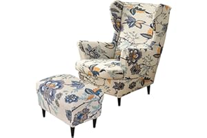 HAOYONG Stretch Wing Chair Cover Set Ottoman Slipcover 2 Pieces Wingback Chair Slipcover and and 1 Piece Rectangle Storage Stool Cover Removable Armchair Sofa Covers for Living Room Bedroom