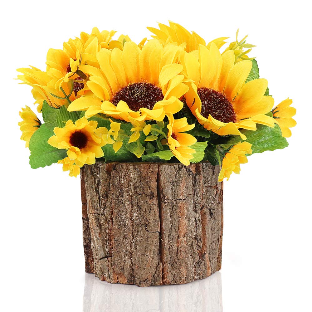 AceList Artificial Sunflowers in Real Bark Pot, Small Faux Potted Plants for Indoor Home Decor, Rustic Farmhouse Table Centerpiece for Desk, Bookshelf, Kitchen Window & Bathroom (Yellow, 7 inch)