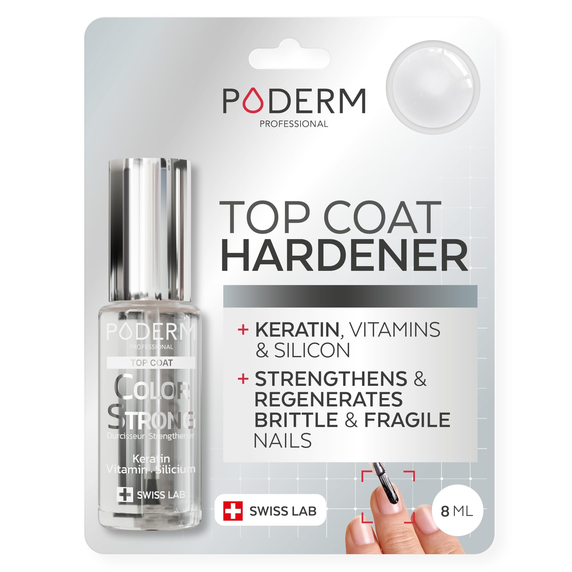 PODERM Nail Strengthener Polish - Top Coat | Repairs and Strengthens Nails Damaged & Weakened by Semi-Permanent Nail Polish | Biotin, Silicon and Keratin | Developed by a Podiatrist in Switzerland