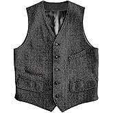 SOLOVEDRESS Mens Vintage Classic Herringbone Pattern Suit Vest V Neck Casual Wool Blend Waistcoat for Men