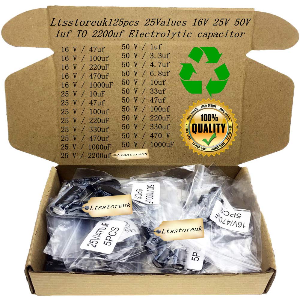 Electrolytic Capacitors Kit/Ltsstoreuk Aluminum Capacitor Assorted Assortment Kit 16V 25V 50V/1uF to 2200uF Black Tv Capacitor Box Set 25 Values