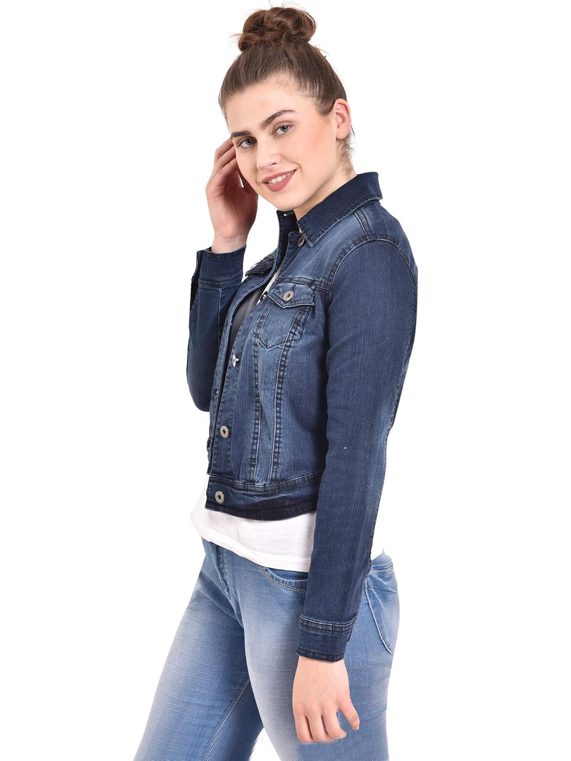 mansicollections dark blue button holes denim jacket for women