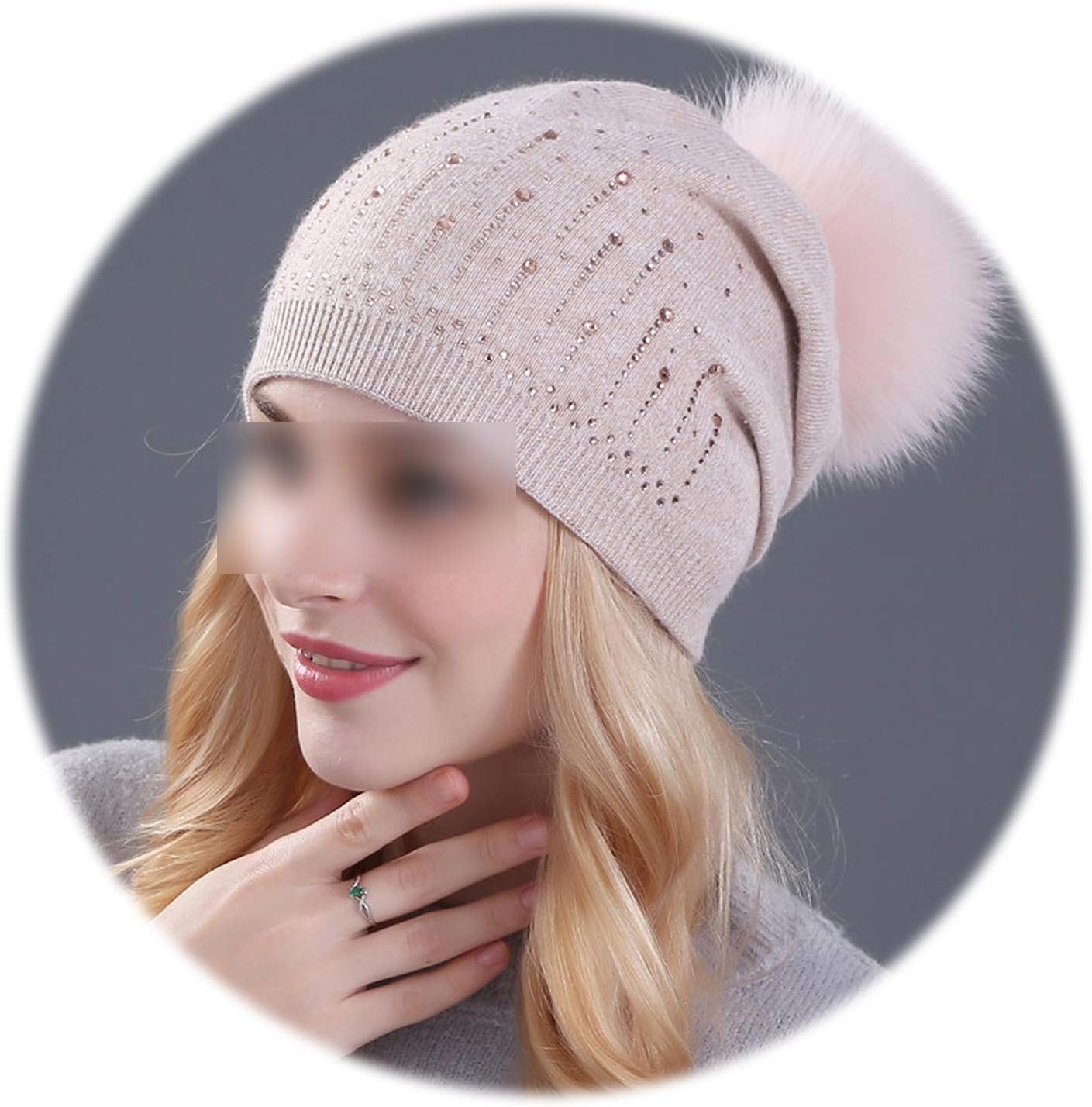 Ablaze Jin Women Rabbit F-ur Wool Knitted Hat Beanies Real M-Ink and F-ox F-ur Pom Poms Hat