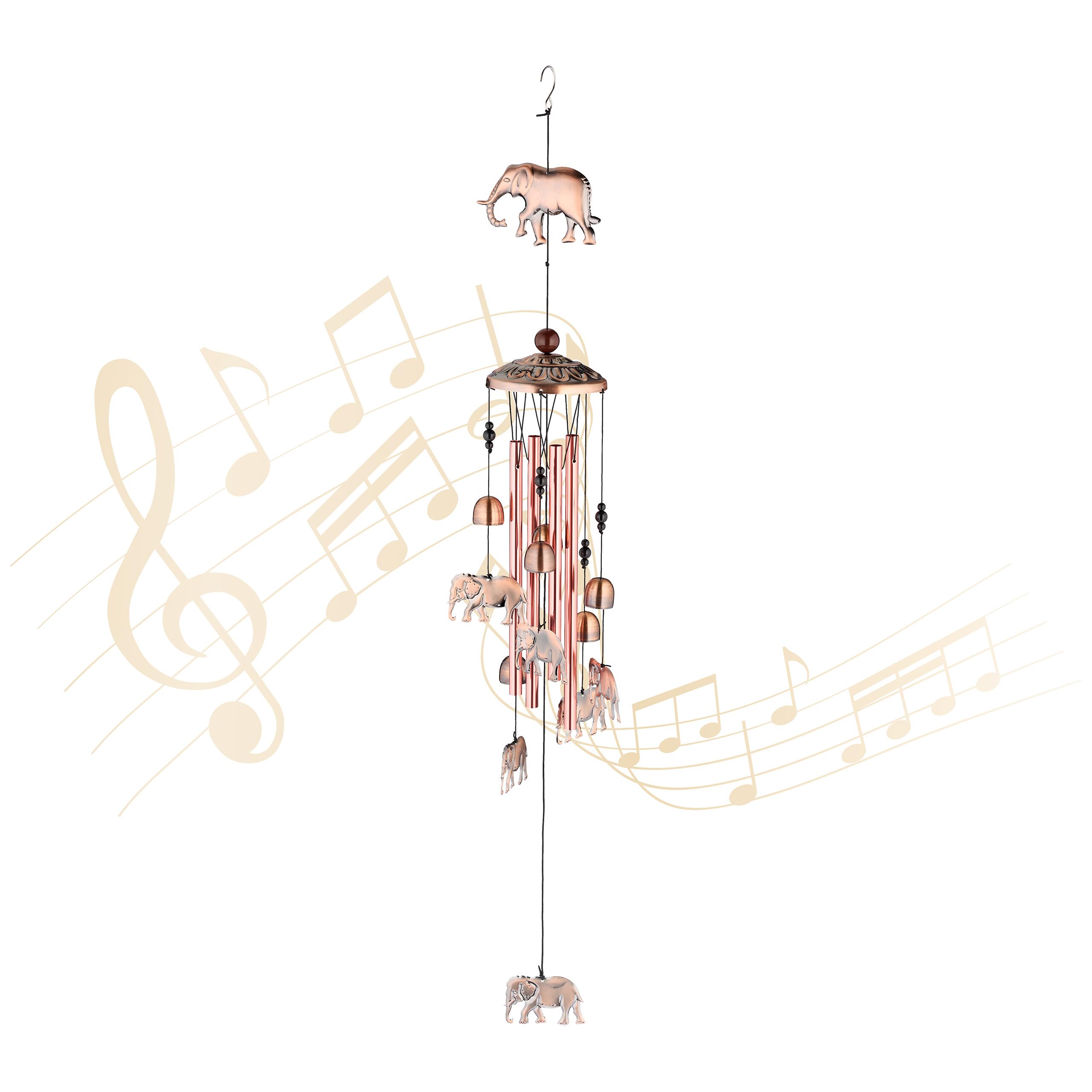 Relaxdays Wind Chime, with Bells & Elephants, Metal, Hanging Decoration, Indoors & Outdoors, HxD: 90 x 11.5 cm, Copper