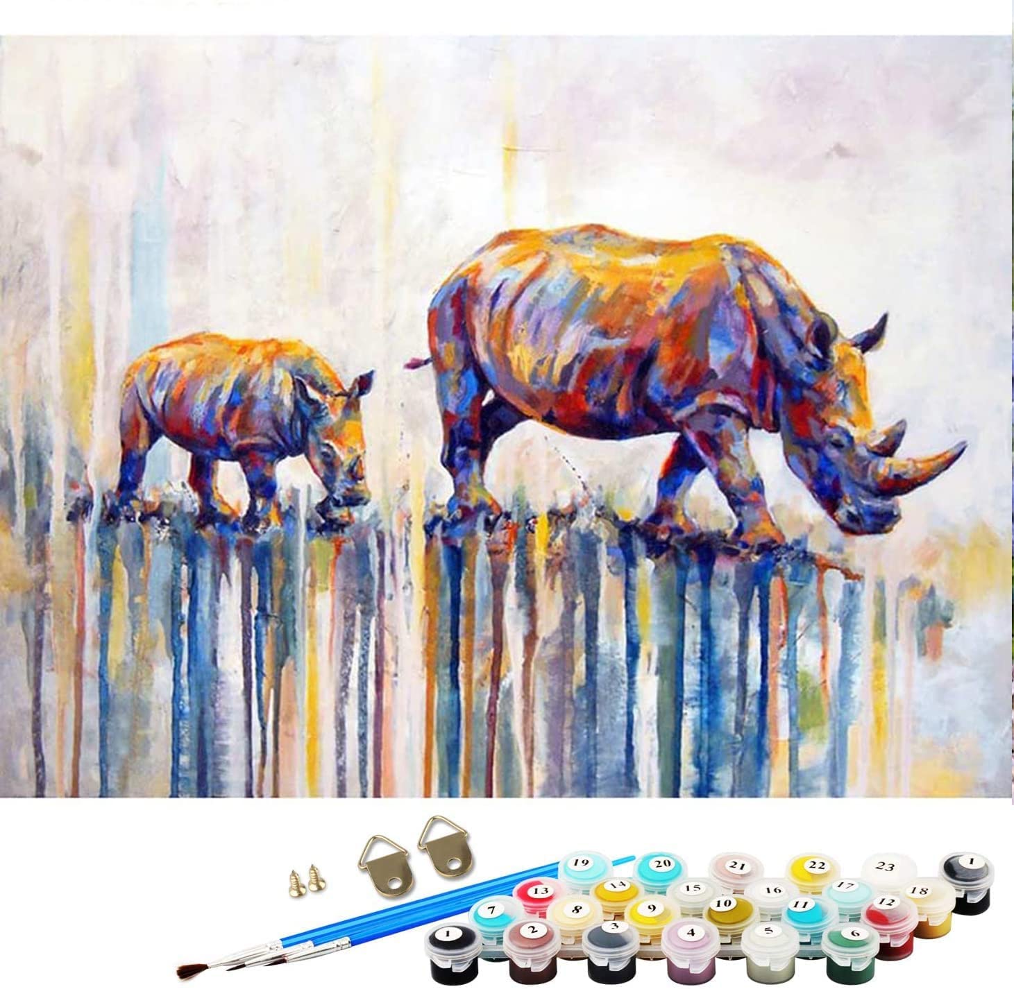 ABEUTY DIY Paint by Numbers for Adults, Colored Cow and Her & Rhinoceros 16x20 inches Number Painting Art Therapy (Wooden Framed)